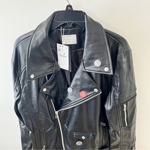 ZARA MAN FAUX LEATHER BIKER JACKET Size XL BLACK New with tags - Picture 2 of 9